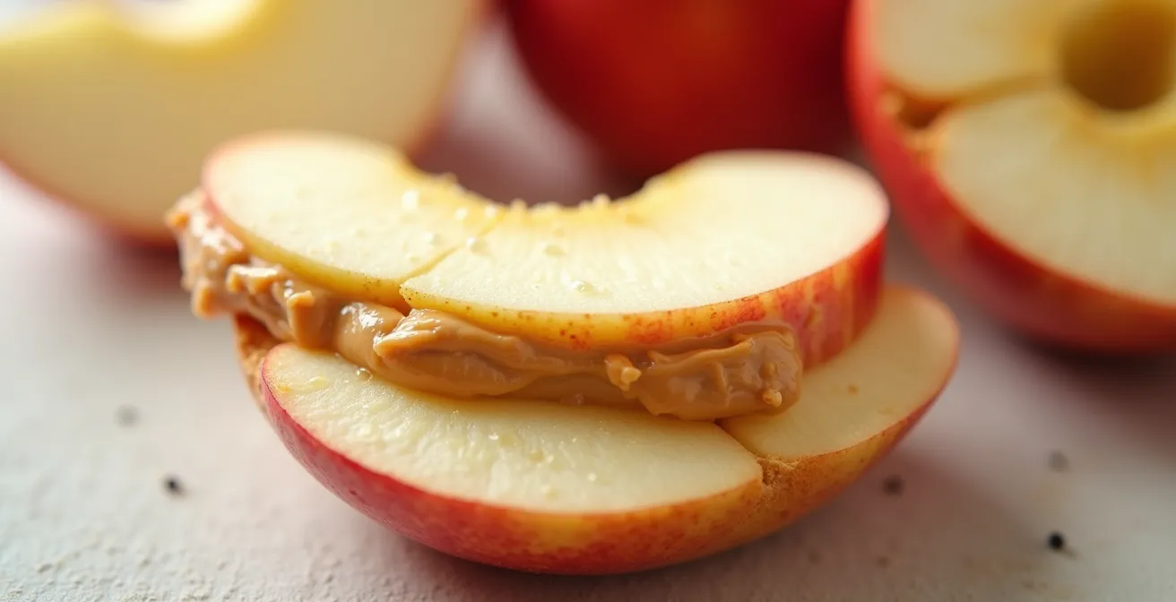 Collation riche en fibres avec pomme et beurre d'arachide pour l'après-midi