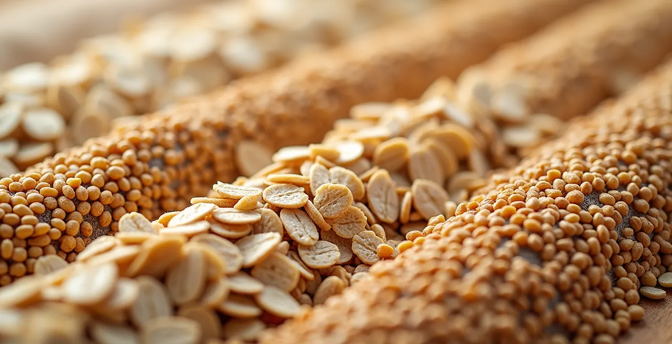 Gros plan macro sur des grains entiers d'avoine et d'orge avec leurs textures naturelles visibles