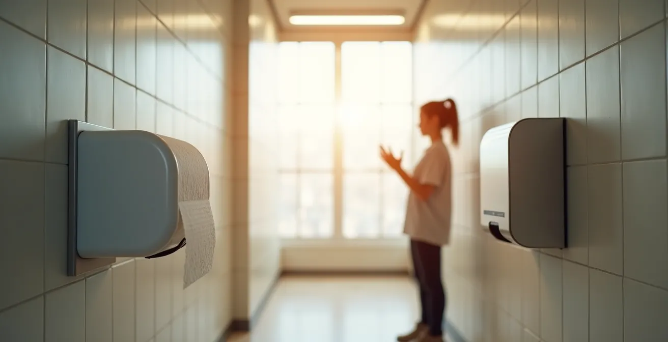 Comparaison visuelle entre l'utilisation de papier essuie-main et un séchoir électrique dans des toilettes publiques