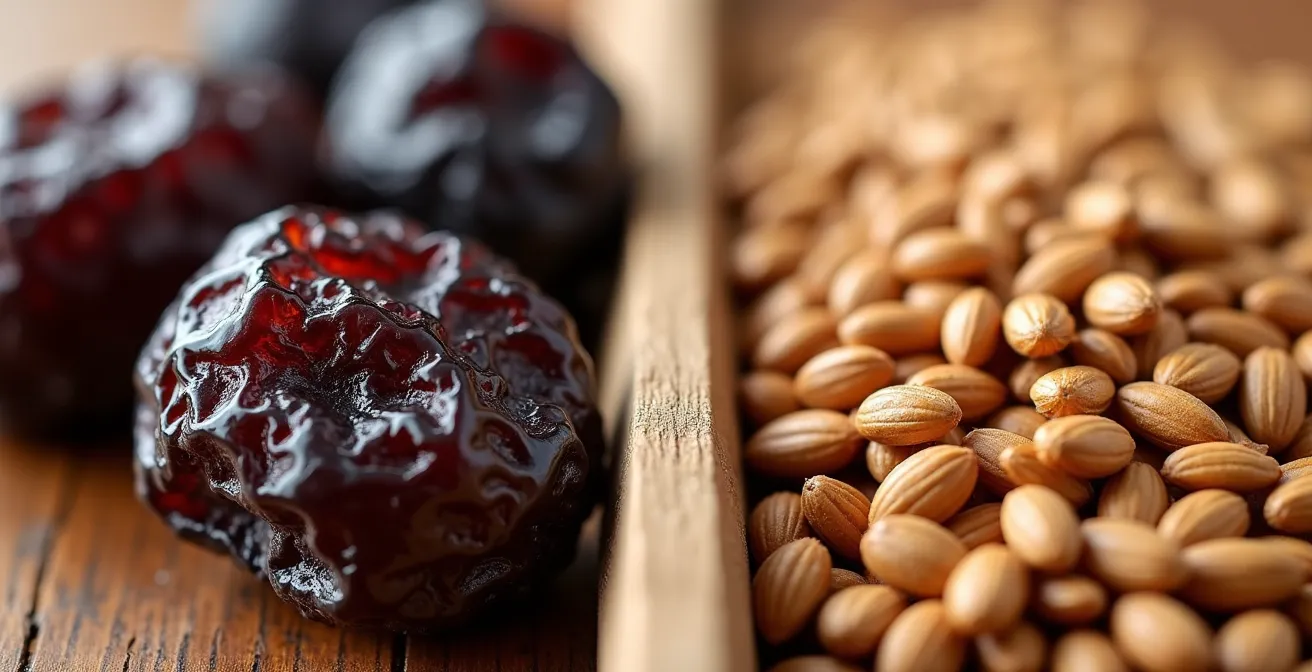 Vue macro détaillée de pruneaux séchés et graines de lin dorées disposés côte à côte