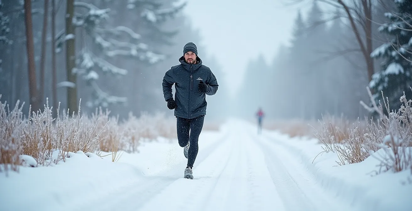 Coureur en zone 2 d'effort sur un sentier enneigé québécois, respiration visible dans l'air froid