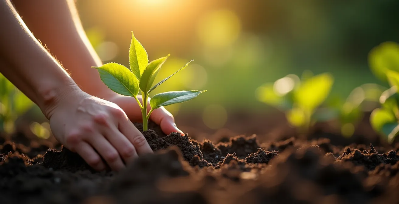 Personne plantant un jeune arbre dans la terre avec les mains