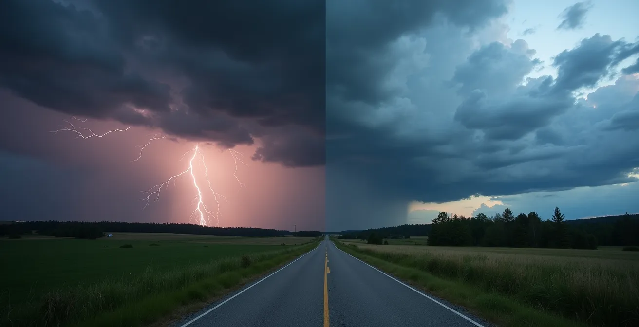 Contraste visuel entre un éclair rapide et un ciel nuageux persistant au-dessus d'un paysage québécois