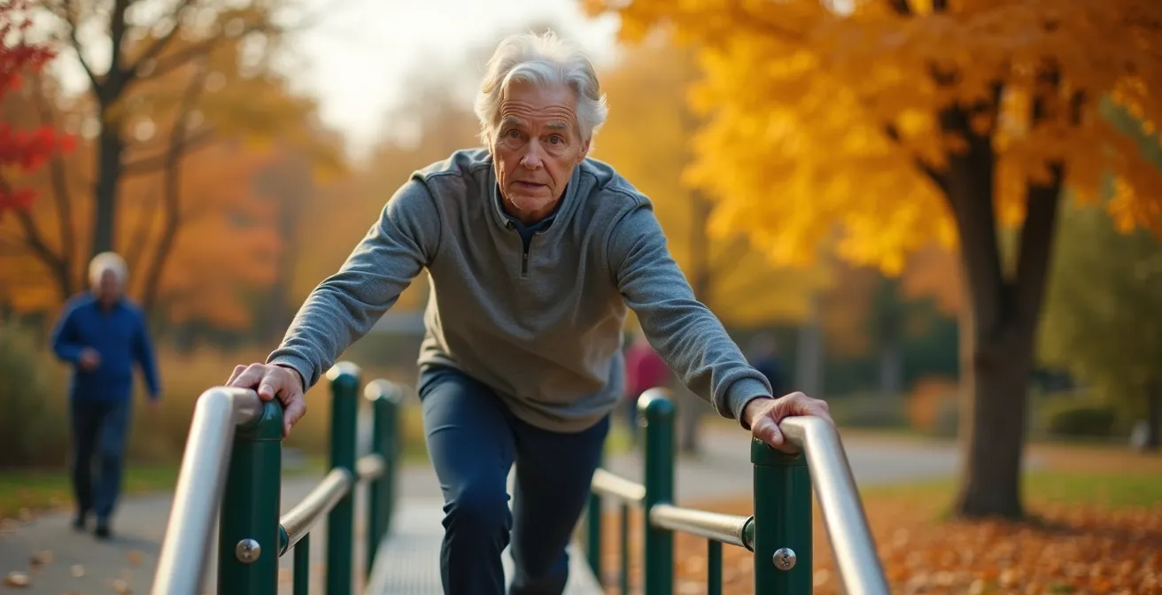Personne de 50 ans faisant des exercices fonctionnels dans un parc du Québec