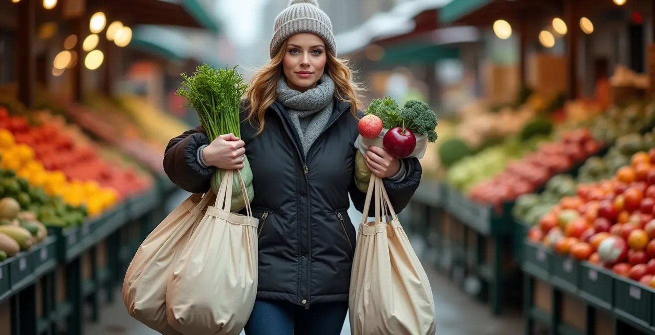Personne portant des sacs réutilisables lourds au marché Jean-Talon de Montréal