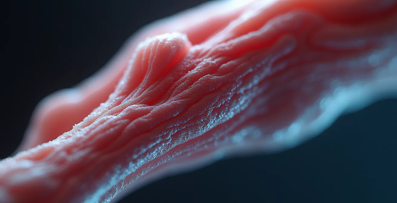 Vue macro de muscles en action montrant la texture et les fibres musculaires