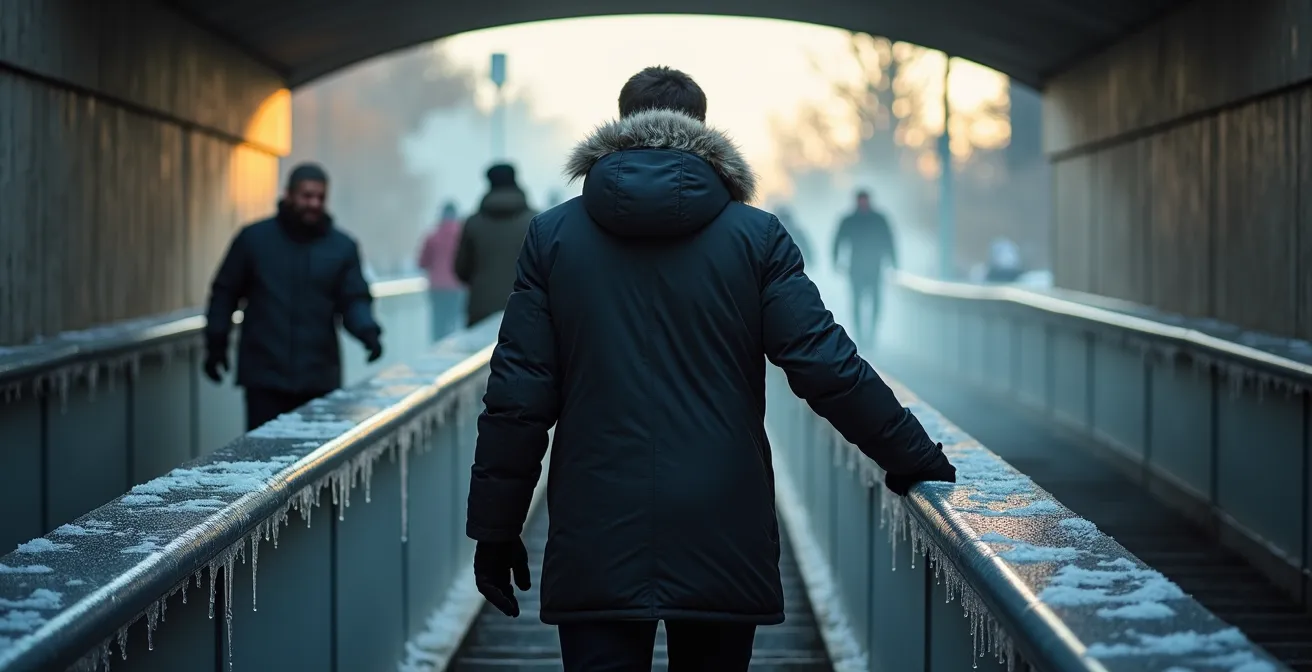 Personne pratiquant la marche méditative dans les escaliers extérieurs enneigés du métro de Montréal