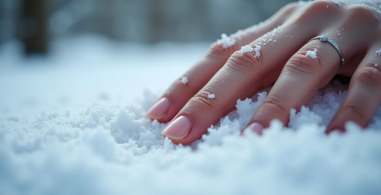 Gros plan macro sur une main posée délicatement sur une surface enneigée, illustrant la conscience corporelle