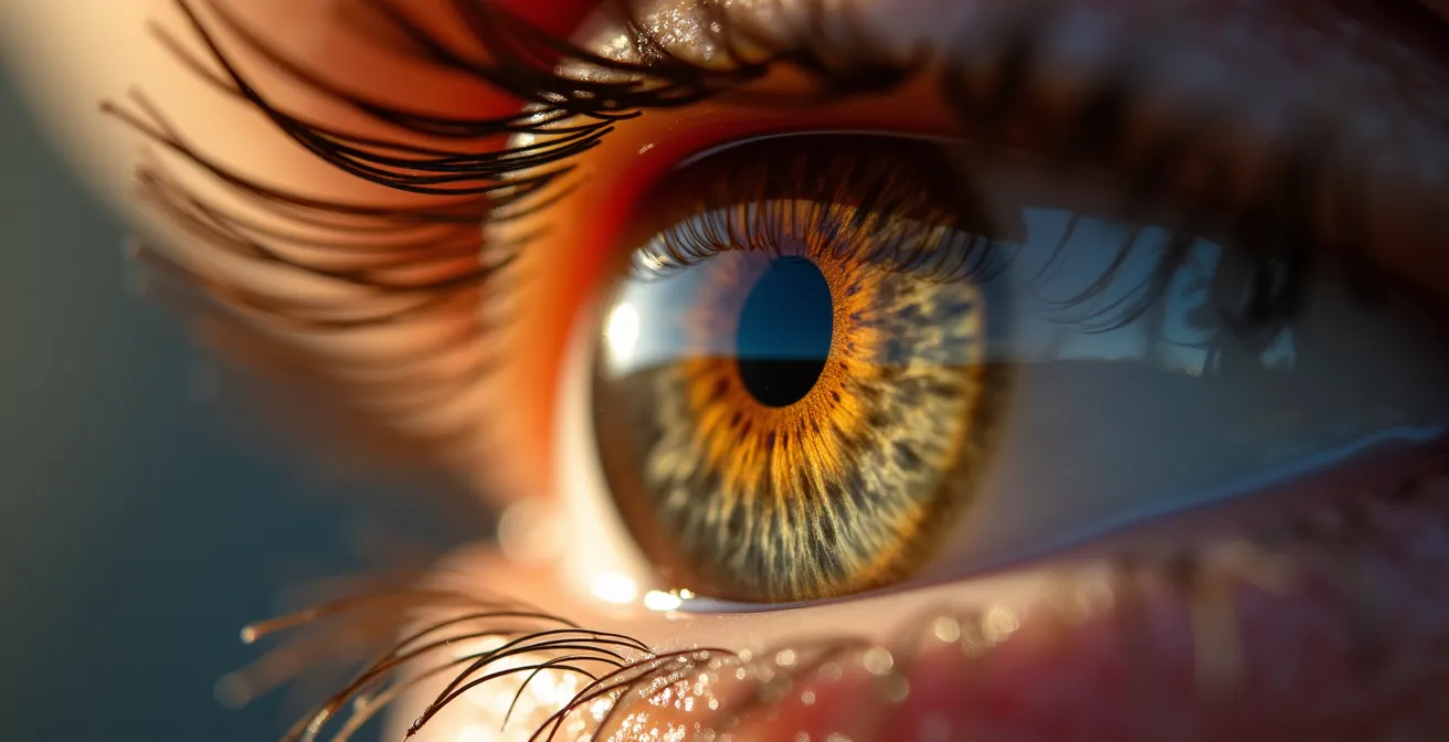 Vue macro d'un œil humain avec reflet de lumière douce
