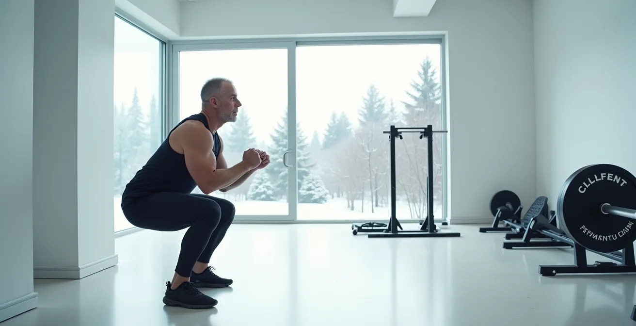 Personne effectuant un squat avec barre dans une salle d'entraînement, technique parfaite