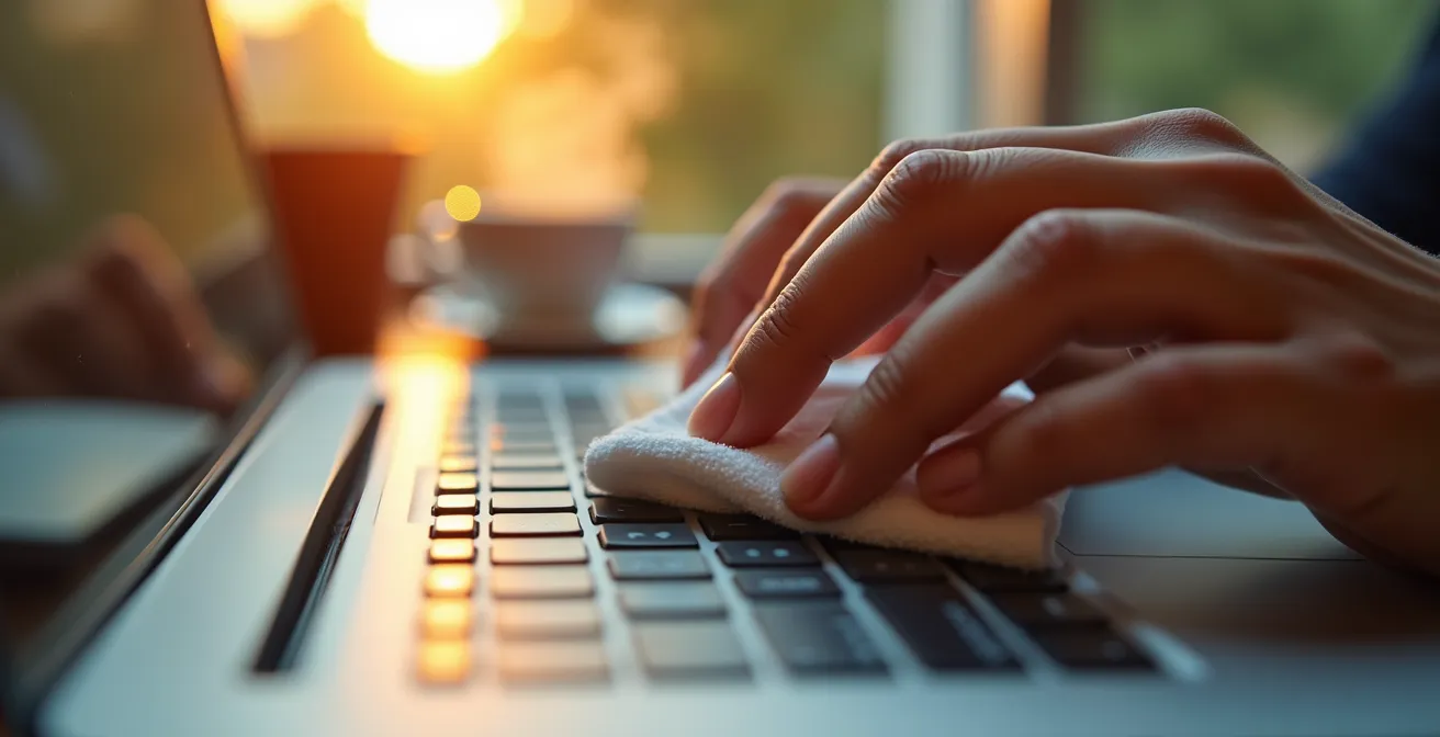 Gros plan sur des mains nettoyant délicatement un clavier d'ordinateur avec une lingette pendant le café du matin