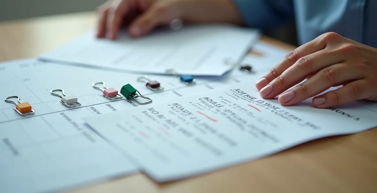 Mains organisant des documents médicaux sur une table avec méthode chronologique