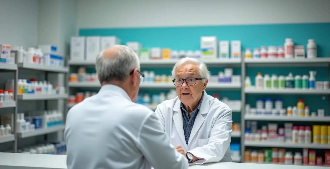 Personne âgée en consultation avec un pharmacien dans une pharmacie québécoise, atmosphère chaleureuse et professionnelle
