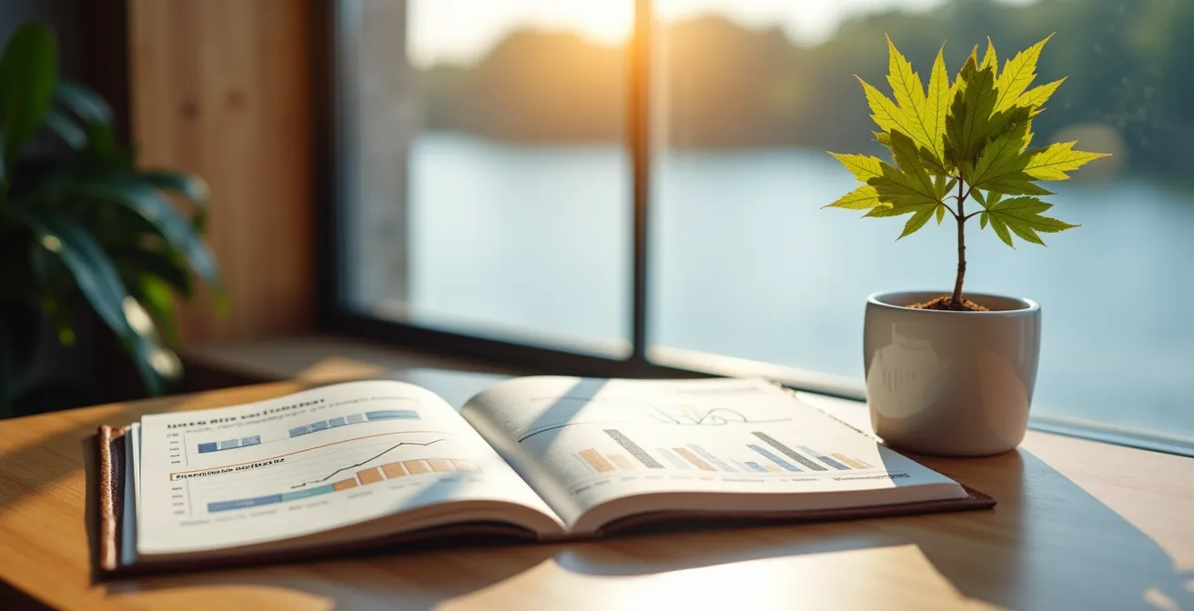 Bureau moderne québécois avec carnet ouvert montrant des graphiques de progression, érable rouge en pot et vue sur le fleuve Saint-Laurent