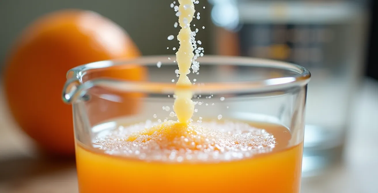 Gros plan sur les ingrédients pour préparer une solution de réhydratation maison avec jus d'orange, sel et eau