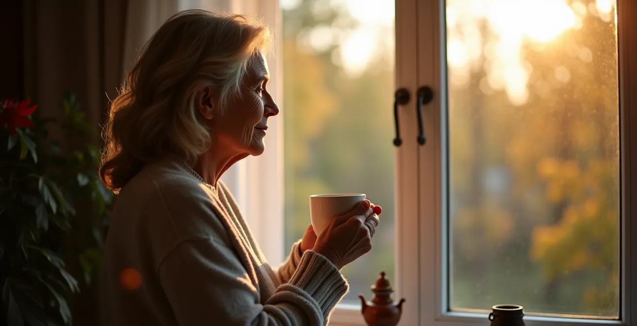 Personne aidante prenant une pause contemplative près d'une fenêtre dans une maison québécoise