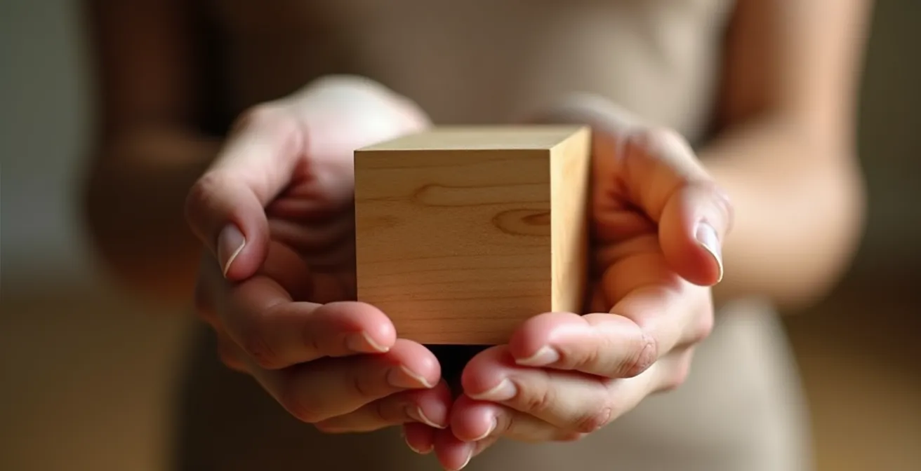 Vue macro d'une personne tenant un cube de bois lisse dans ses mains en position de respiration