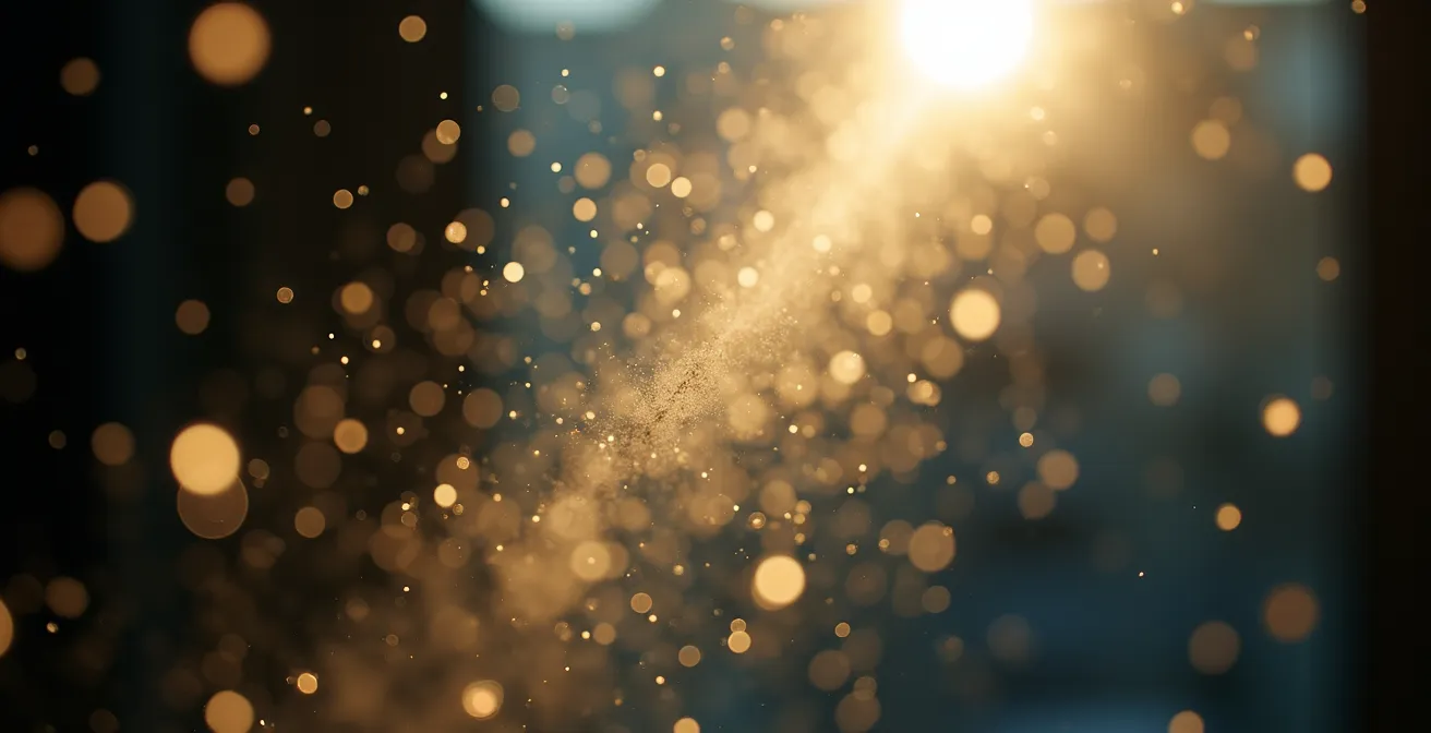 Vue macro de particules en suspension illustrant la pollution atmosphérique et son impact sur le système respiratoire