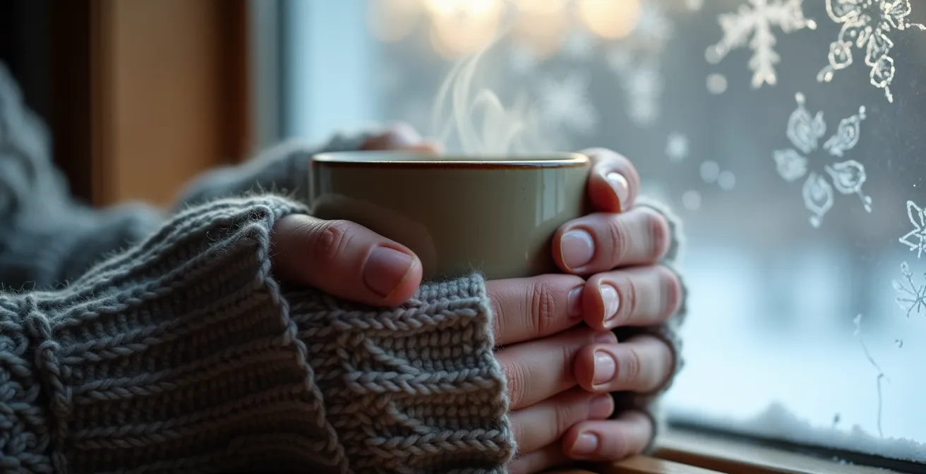 Mains tenant une tasse de café fumant avec reflets de neige par la fenêtre