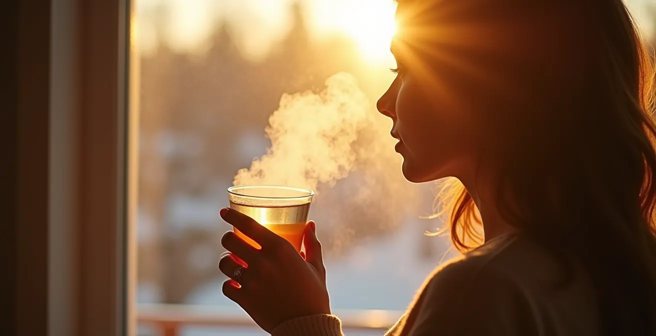 Personne tenant un verre d'eau tiède près d'une fenêtre ensoleillée au lever du jour