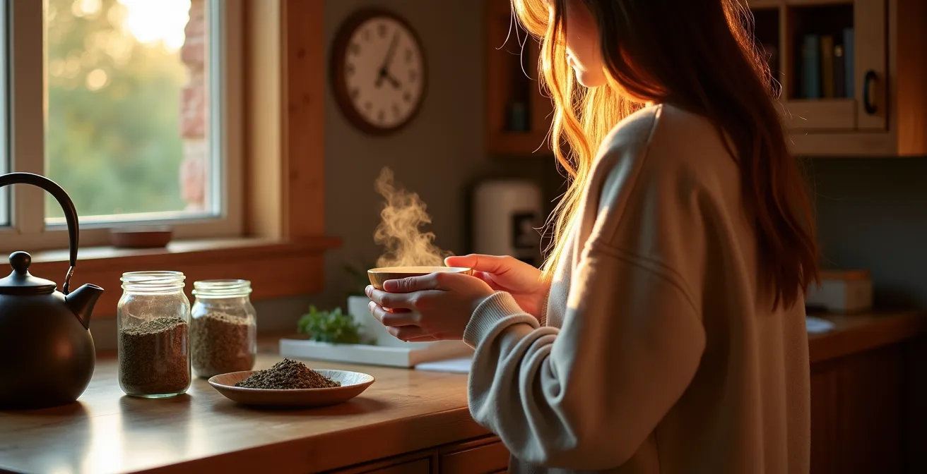 Personne préparant sa routine du soir avec tisane et livre dans un salon québécois douillet