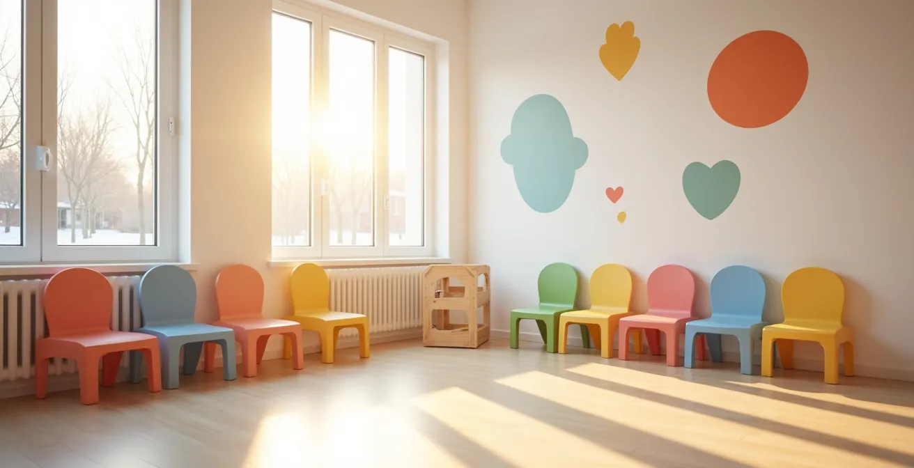 Salle d'attente moderne et colorée d'une clinique pédiatrique québécoise