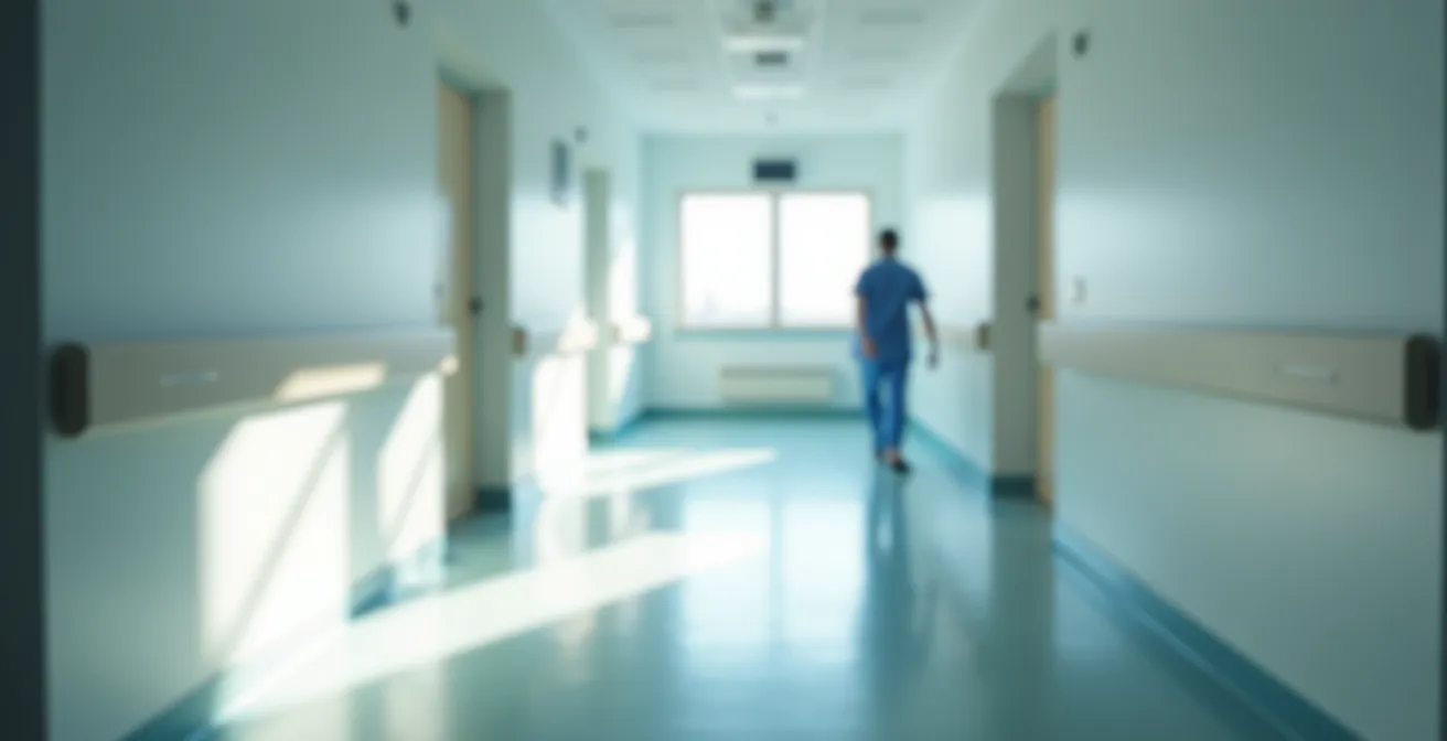 Vue large d'un corridor d'hôpital québécois avec signalisation d'urgence floue en arrière-plan