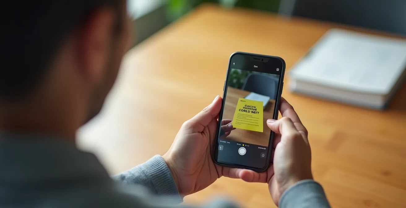Mains photographiant un carnet de vaccination avec un smartphone, lumière naturelle douce