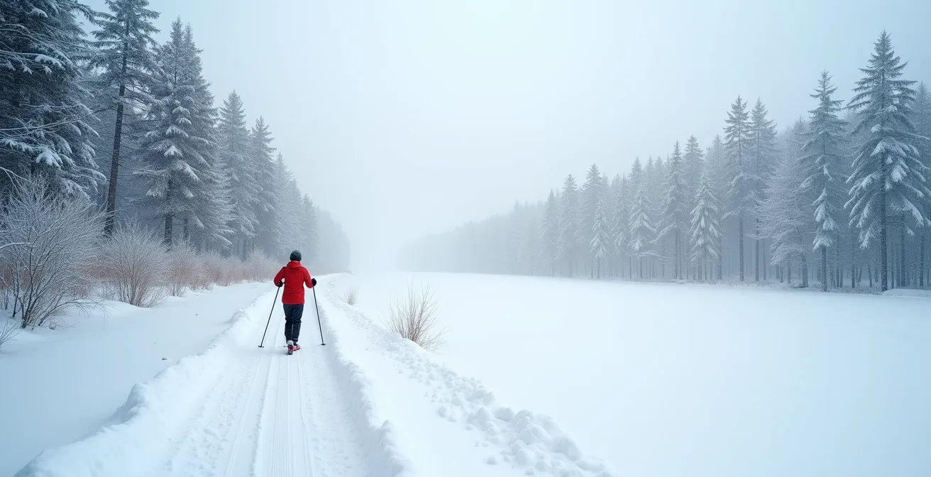 Personne pratiquant la marche nordique sur sentier enneigé avec bâtons spécialisés