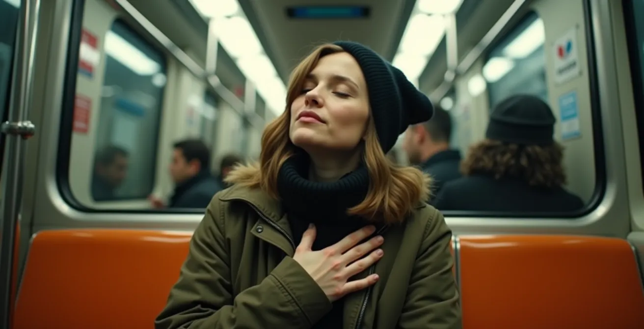 Personne pratiquant discrètement la respiration carrée dans le métro de Montréal